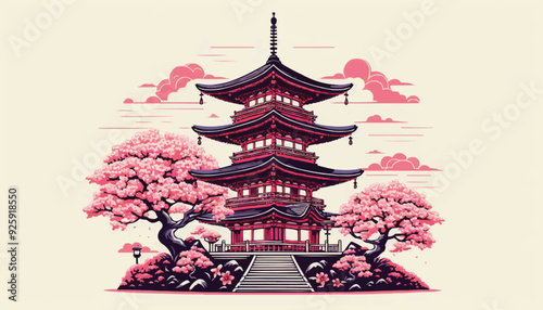 japanese pagoda and cherry blossoms