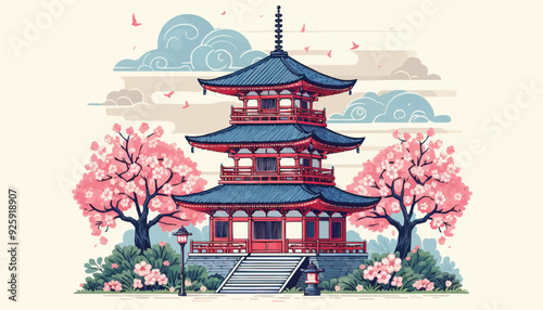 japanese pagoda and cherry blossoms