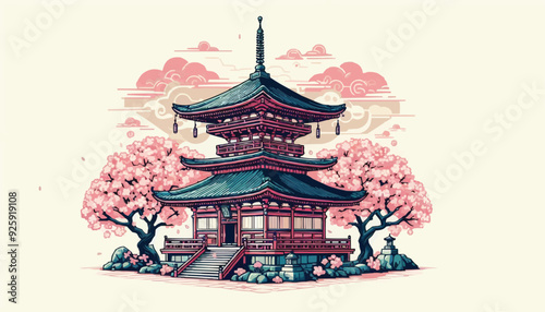 japanese pagoda and cherry blossoms