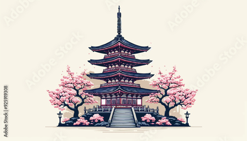 japanese pagoda and cherry blossoms