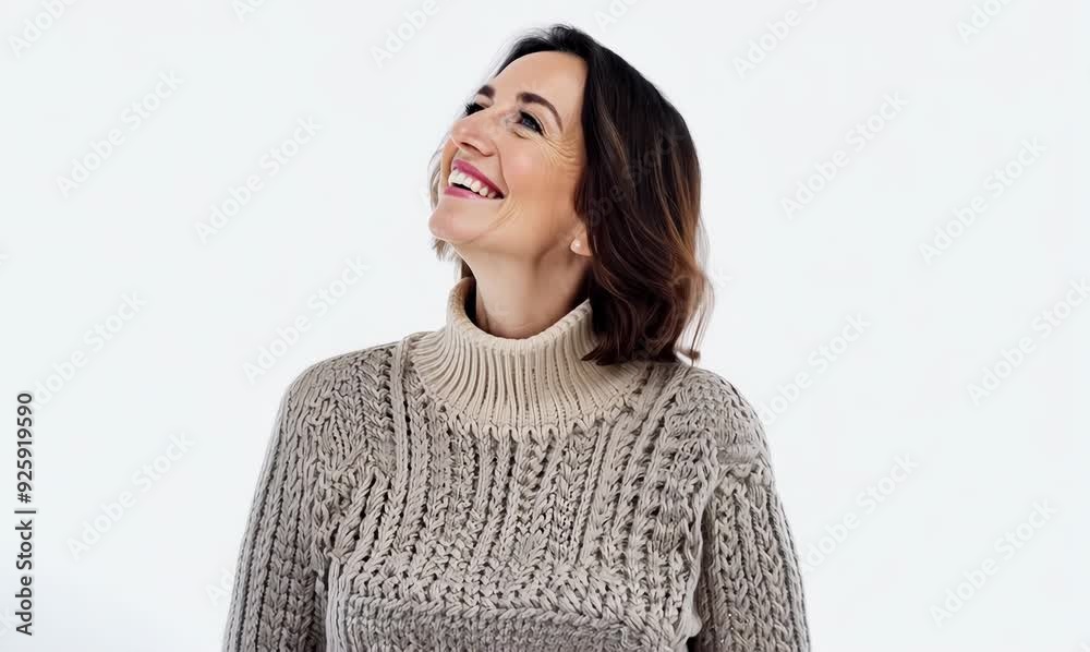 Portrait of a beautiful woman in sweater smiling against a white background Portrait of a beautiful woman in sweater smiling against a white background