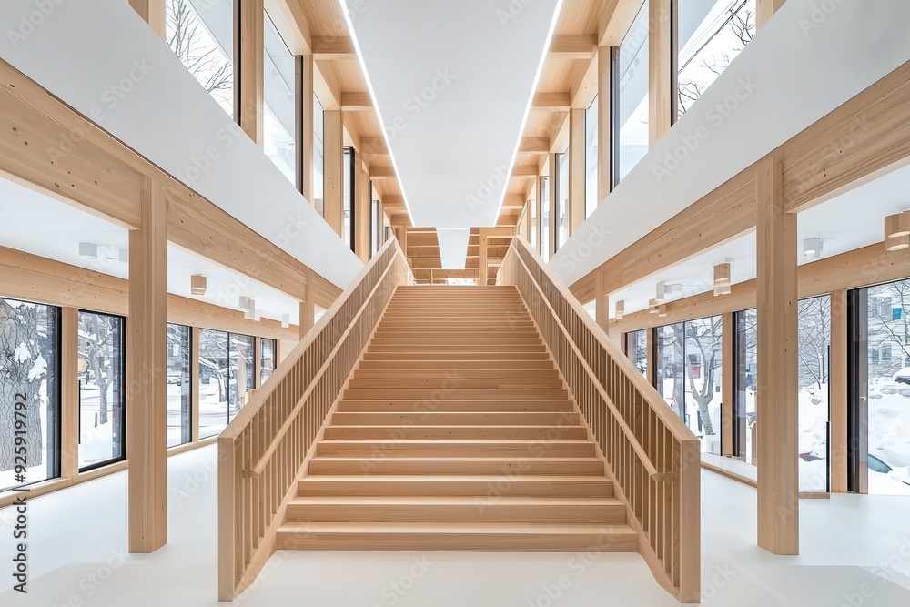 Obraz premium A modern wooden staircase illuminated by large windows, showcasing minimalistic design and natural light in a contemporary space.