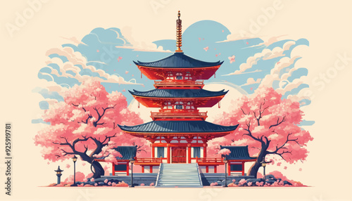 japanese pagoda and cherry blossoms