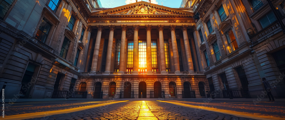 Obraz premium Sunlight streaming through grand columns of historic building with ornate facade at sunset. Concepts of architecture, heritage, and urban exploration.