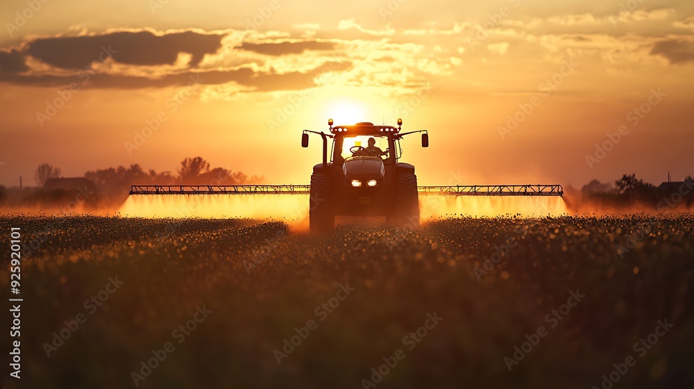 Fototapeta premium A tractor drives through a field at sunset, spraying a mist of liquid on the crops.