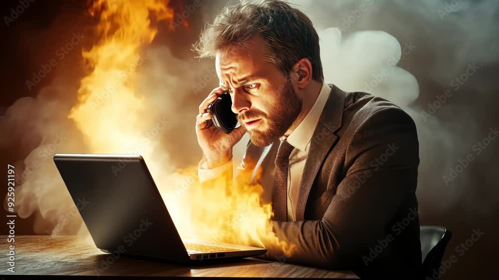 A man in a suit sitting at a desk, with a laptop on fire, looking distressed as he talks on the phone. Business crisis concept. Crisis management. A man in a suit sitting at a desk, with a laptop on fire, looking distressed as he talks on the phone. Business crisis concept. Crisis management.