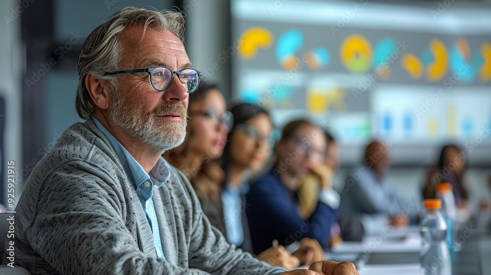 Adults focused during a professional seminar with data visualization Adults focused during a professional seminar with data visualization