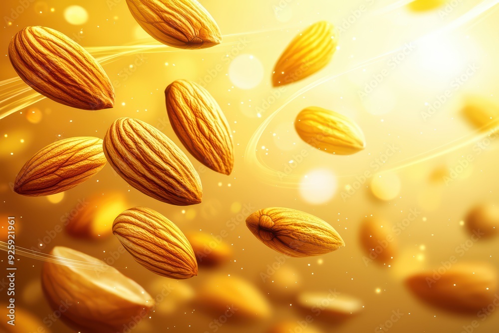 A vibrant display of almonds falling gracefully through a golden background, showcasing their natural beauty and energy. A vibrant display of almonds falling gracefully through a golden background, showcasing their natural beauty and energy.
