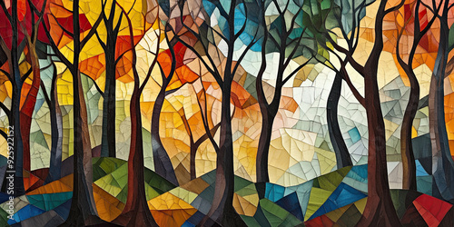 Forest background illustration art, artistic woodland abstract style, nature cubism Impressionism artwork woods tree patterns, generated ai