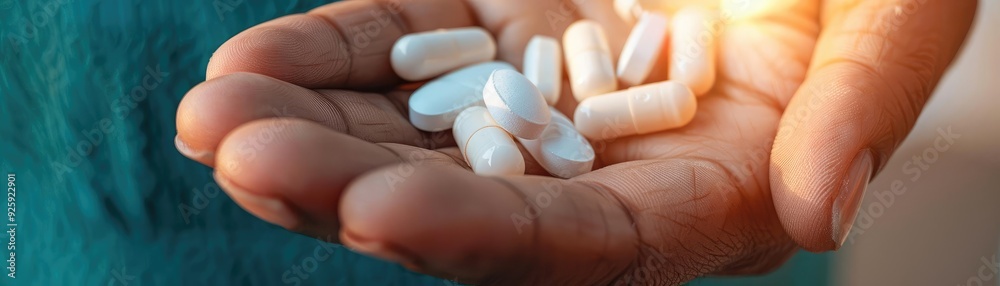 Patient's hand holding HIVAIDS medication, close-up view, daily therapy routine Patient's hand holding HIVAIDS medication, close-up view, daily therapy routine