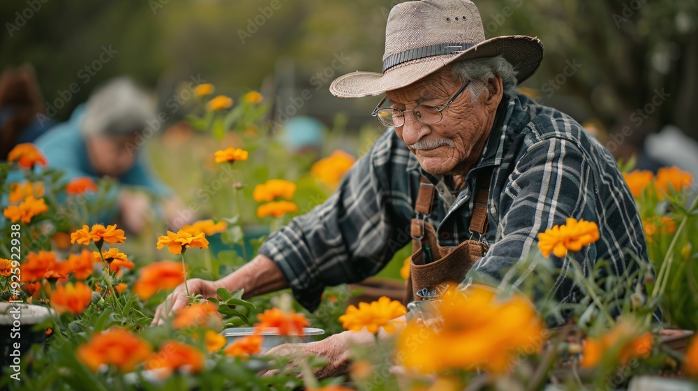 Elderly gardener tending flowers in a vibrant garden Elderly gardener tending flowers in a vibrant garden
