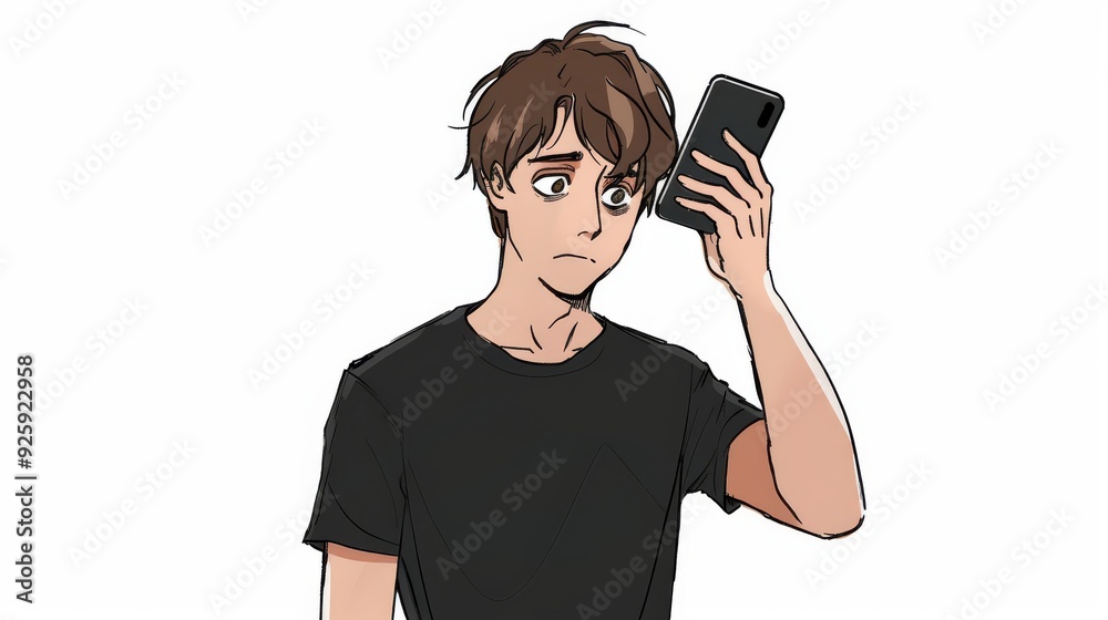 Illustration of a man wearing black clothes feeling stressed, worried. Illustration of a man wearing black clothes feeling stressed, worried.