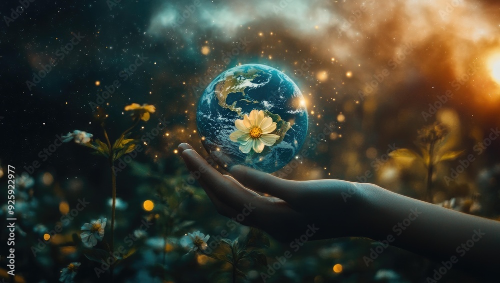 Naklejka premium Hand holding Earth with flower, glowing background.