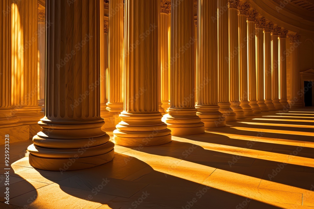 An elegant row of columns bathed in golden light, casting dramatic shadows on the floor, showcasing architectural beauty. An elegant row of columns bathed in golden light, casting dramatic shadows on the floor, showcasing architectural beauty.