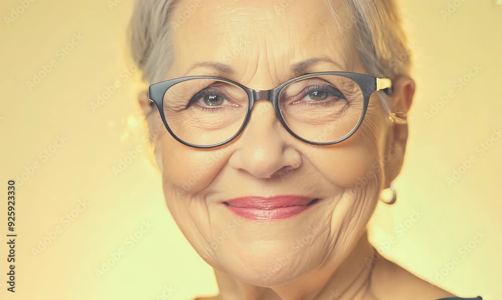 Portrait of happy senior woman with eyeglasses over yellow background Portrait of happy senior woman with eyeglasses over yellow background