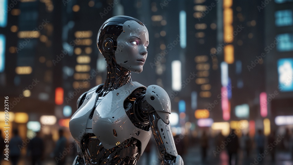 In a futuristic city, a female robot interacts with humans, with skyscrapers and busy streets in the background. In a futuristic city, a female robot interacts with humans, with skyscrapers and busy streets in the background.