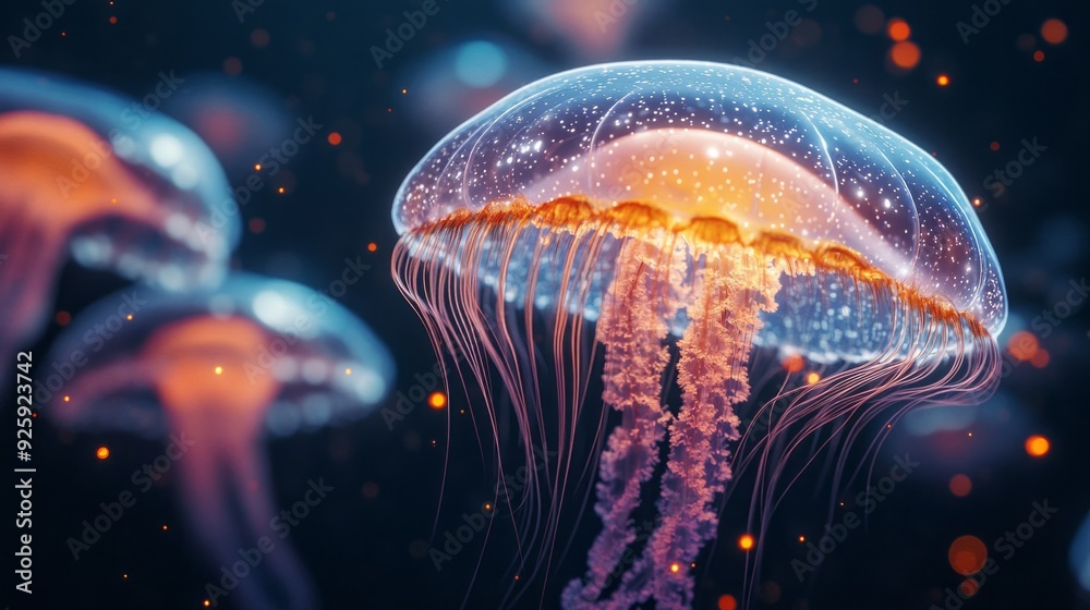 Majestic jellyfish drift silently in the deep sea, their bioluminescent tentacles shimmering with vibrant hues, creating a magical underwater spectacle Majestic jellyfish drift silently in the deep sea, their bioluminescent tentacles shimmering with vibrant hues, creating a magical underwater spectacle