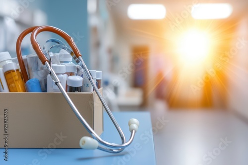 Close-up of a stethoscope next to pill bottles, symbolizing healthcare and medicine in a bright hospital setting. photo