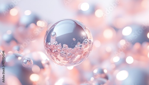 A shiny sphere with bubbles in a pink and blue