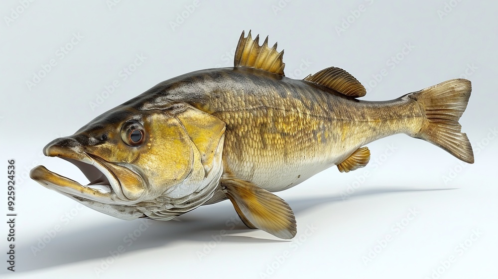 3D rendering of a realistic goldfish with black and gold scales, isolated on a white background.