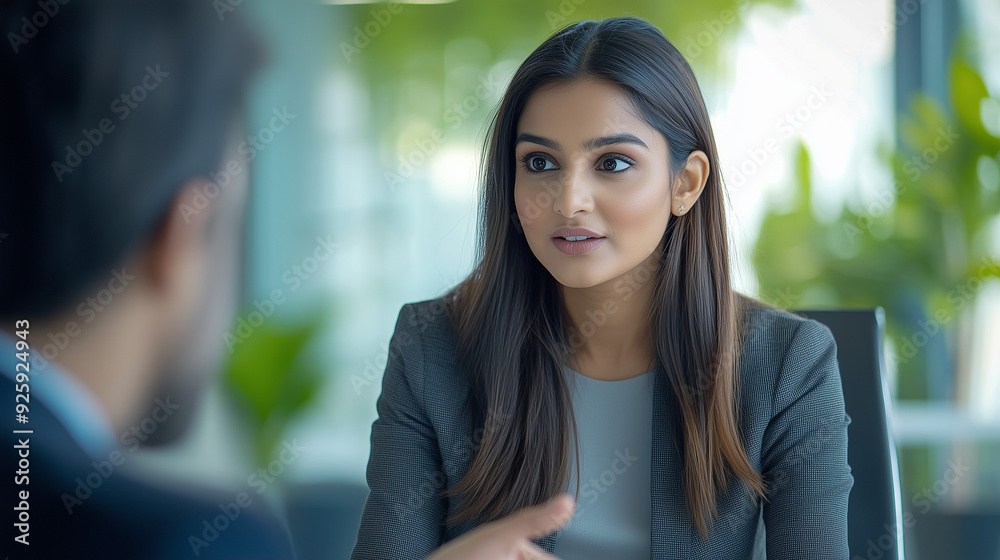 Obraz premium Portrait of a confident indian business woman in coversation with team members | Boss lady | Woman Boss meeting | Woman employee wearing formals at office