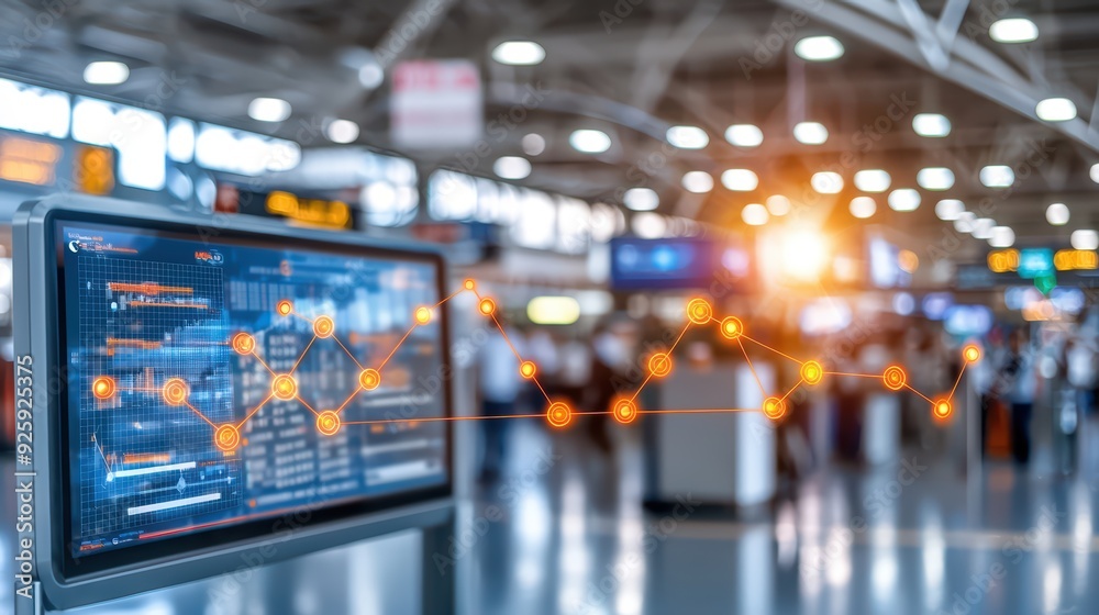 Futuristic airport screen displaying data analytics with travelers in the background, showcasing modern technology and travel efficiency. Futuristic airport screen displaying data analytics with travelers in the background, showcasing modern technology and travel efficiency.