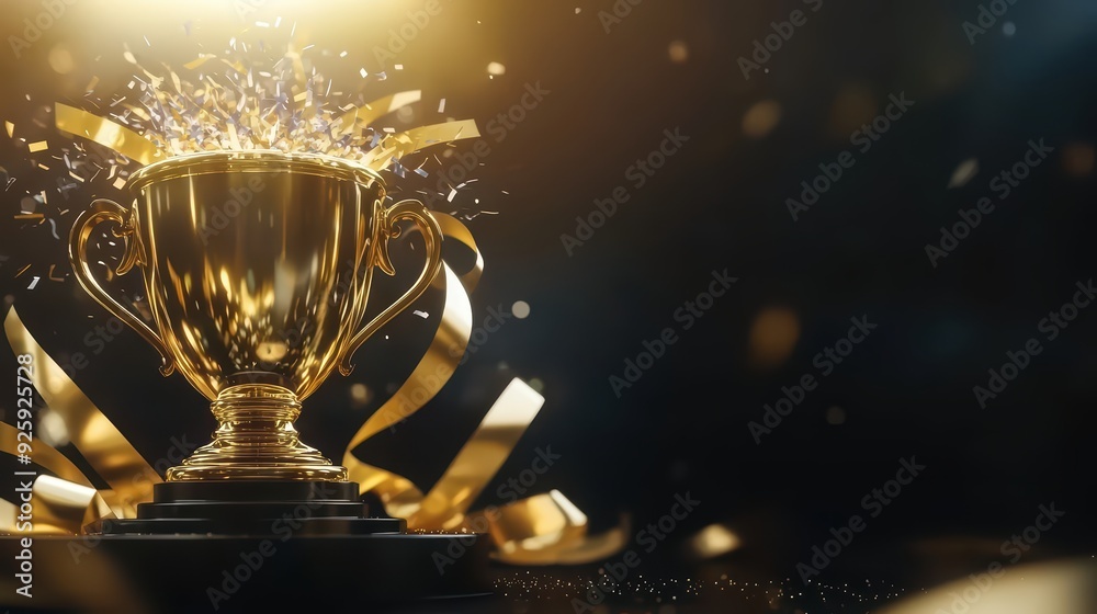 Golden trophy with sparkling confetti and ribbons, symbolizing victory and achievement in a festive atmosphere. Golden trophy with sparkling confetti and ribbons, symbolizing victory and achievement in a festive atmosphere.