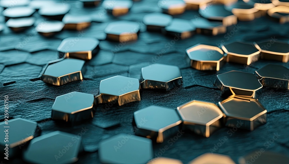 Fototapeta premium Metallic hexagons on a textured surface.
