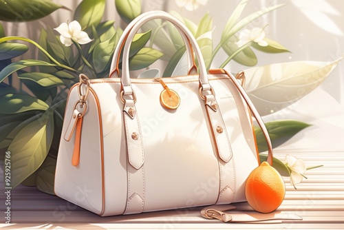 Elegant White Purse with Orange Handle on Wooden Surface, Accented by Oranges and Plants, Exuding Brand Concept on a Clean Background. photo