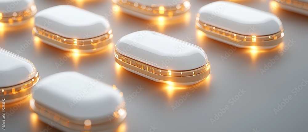 Modern design featuring illuminated capsules on a sleek surface, showcasing innovation and sophistication in technology. Modern design featuring illuminated capsules on a sleek surface, showcasing innovation and sophistication in technology.