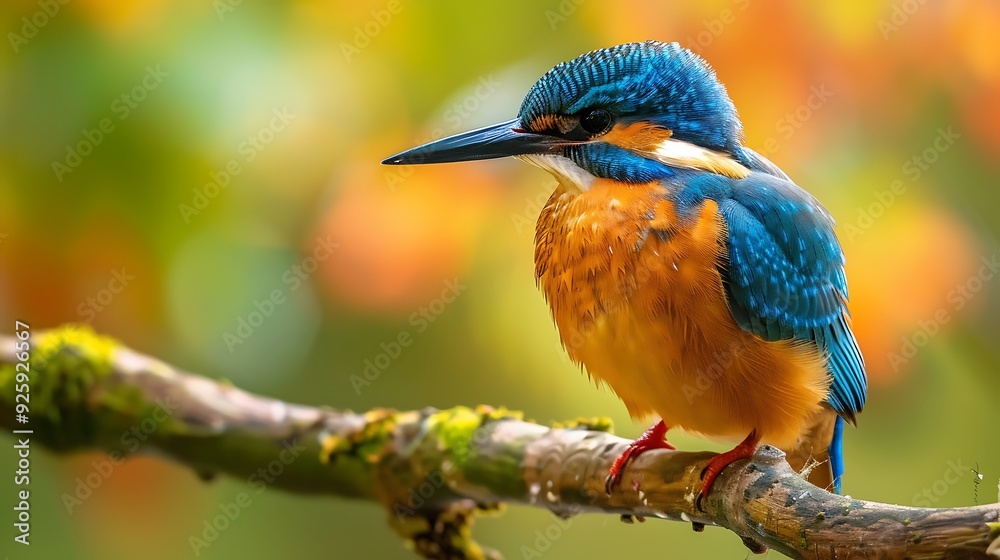 A vibrant blue and orange kingfisher perched on a branch with a blurred background of green and yellow foliage.