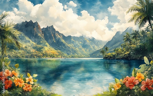 Panoramic view of Tahiti, French Polynesia, lush green mountains meeting turquoise lagoon, watercolor style, vibrant tropical flowers, serene and dreamy aesthetic