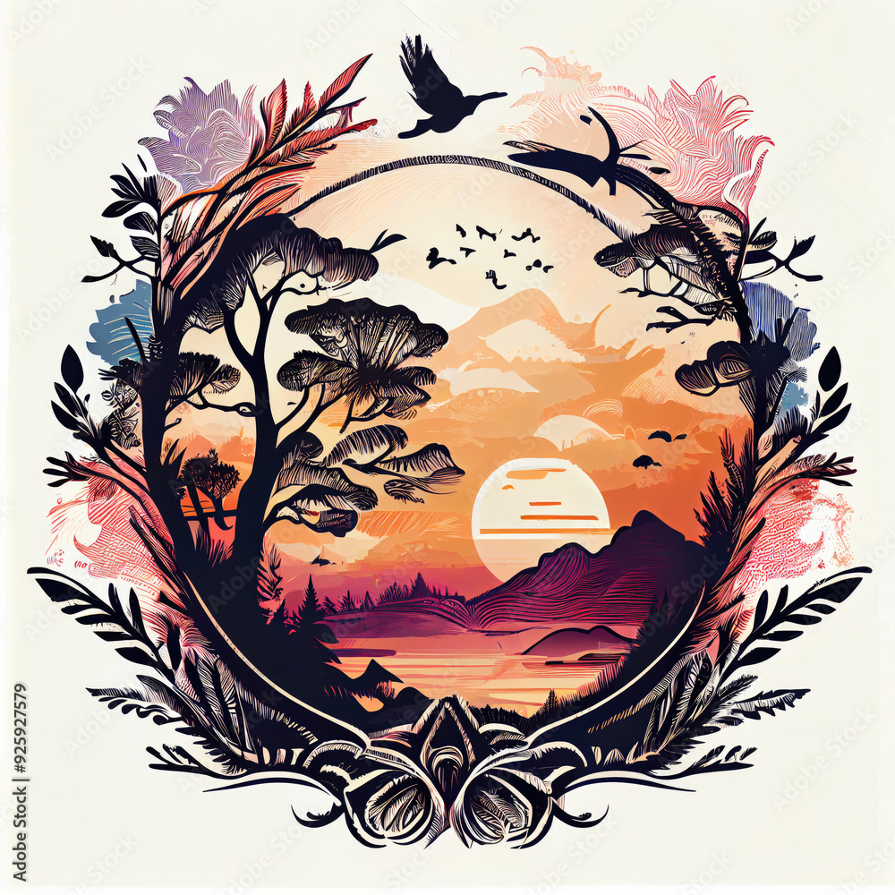 Nature and Outdoor Themes in Front of a Vintage Sunset T-Shirt Graphics – Serene Design Featuring Natural and Outdoor Elements Against a Retro Sunset Background for Stylish and Relaxing Apparel Nature and Outdoor Themes in Front of a Vintage Sunset T-Shirt Graphics – Serene Design Featuring Natural and Outdoor Elements Against a Retro Sunset Background for Stylish and Relaxing Apparel