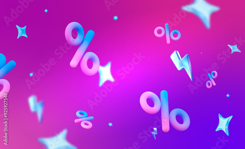 3d flying neon percent signs with stars on holographic isolated background. Stock vector illustration.	