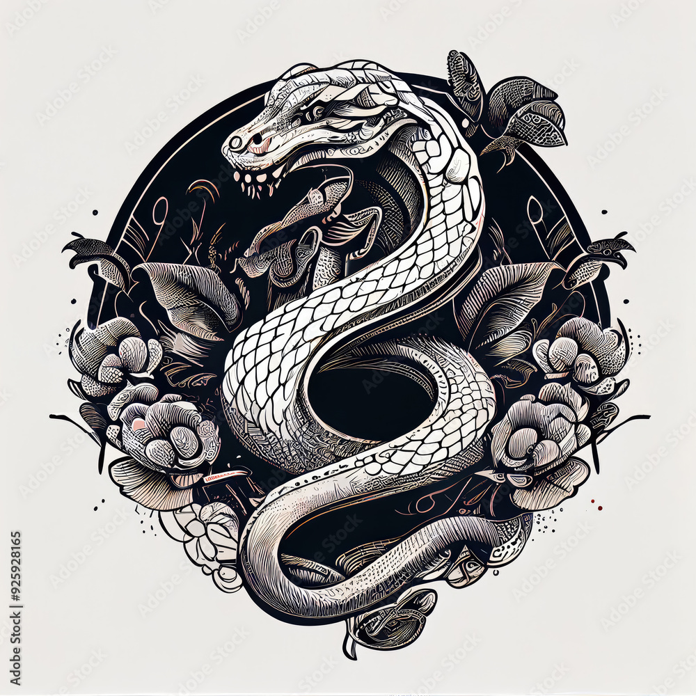 Obraz premium Snake Vintage T-Shirt B&W Design – Bold Black and White Vector Graphics Featuring a Retro-Inspired Snake Illustration for Stylish and Edgy Apparel Perfect for Modern Fashion