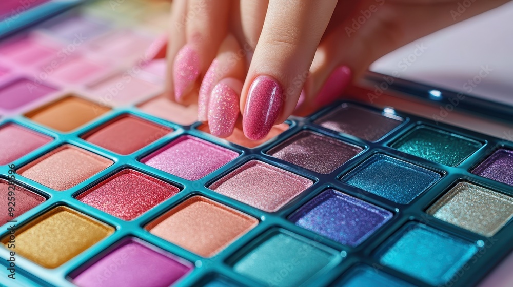 Multicolored Eyeshadow palette,Black plastic square case with colorful eye shadow and glitter round samples,Tool for makeup artist,Cosmetic, Beauty shop,Summer eye shadow,beauty product template.