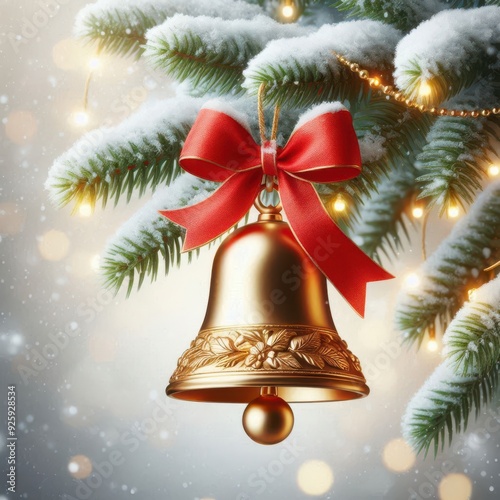 Christmas bells with red ribbon hanging on Christmas tree background image