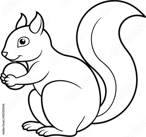 An outline illustration of a squirrel, holding a nut with its bushy tail curled, drawn with smooth lines on a white background.