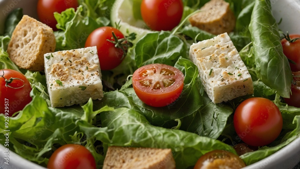 Fresh Greek salad with feta cheese, cherry tomatoes, and croutons on bed of mixed greens Fresh Greek salad with feta cheese, cherry tomatoes, and croutons on bed of mixed greens