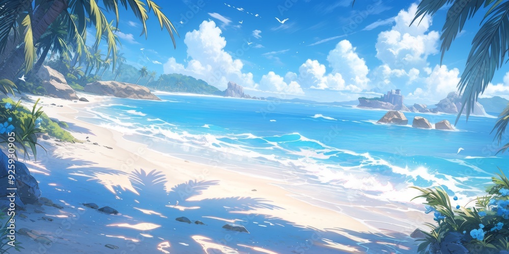 Φωτογραφία Charming Beachscape Delight: A Daytime Paradise of Palm Trees on a Pristine Shoreline, Anime-Style Abstract Art for Gaming and Storybook Illustrations