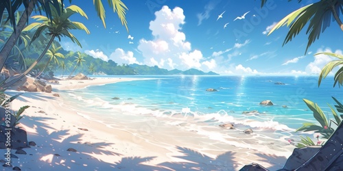 Charming Beachscape Delight: A Daytime Paradise of Palm Trees on a Pristine Shoreline, Anime-Style Abstract Art for Gaming and Storybook Illustrations.