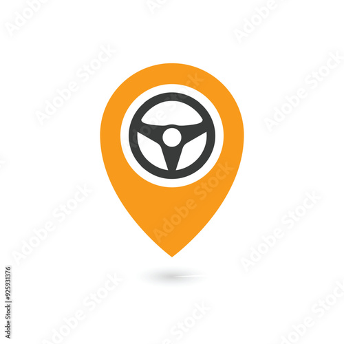 Steering wheel and gps locator symbol. Drive Point Logo. Location Pin Combined with Steering wheel icon