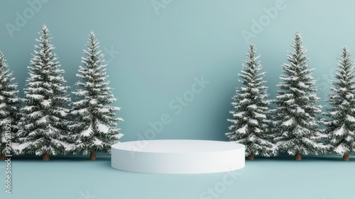 Wallpaper Mural A serene winter scene featuring snow-covered pine trees and a minimalist white display platform against a soft blue background. 3D Render Torontodigital.ca