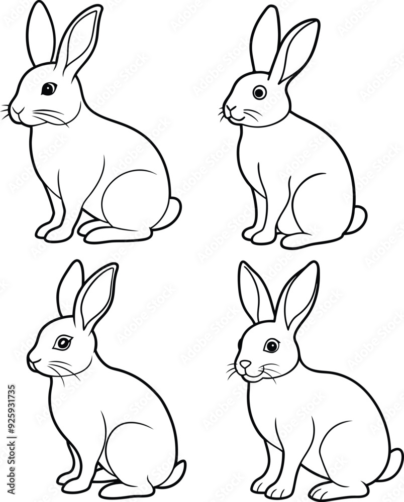 Cute Rabbit outline or line art or sketch illustration four rabbits package, sitting with long ears upright, drawn with soft, rounded lines on a white background. Cute Rabbit outline or line art or sketch illustration four rabbits package, sitting with long ears upright, drawn with soft, rounded lines on a white background.