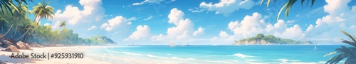 Charming Beachscape Delight: A Daytime Paradise of Palm Trees on a Pristine Shoreline, Anime-Style Abstract Art for Gaming and Storybook Illustrations.