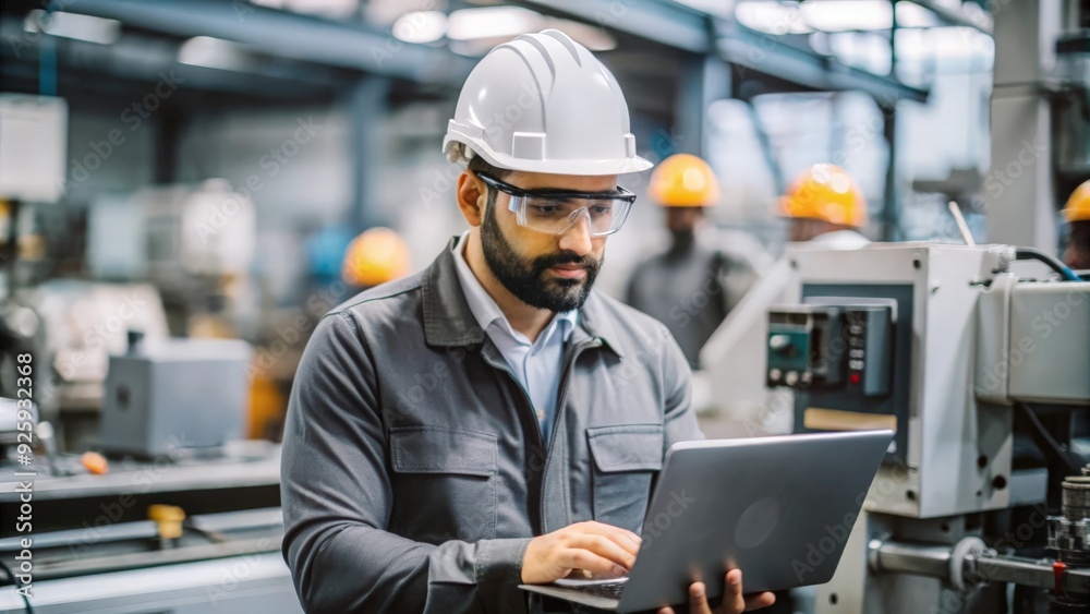 A professional Indian engineer wearing a hard hat and safety glasses, working in a factory setting.
