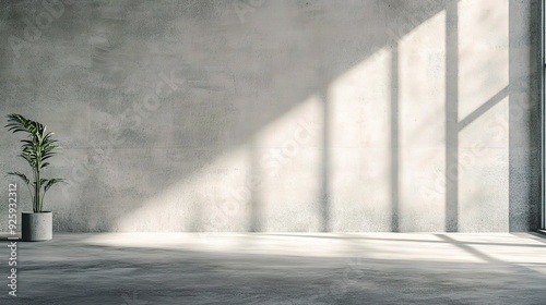 Wallpaper Mural Sunlit Concrete: A minimalist and contemporary interior space bathed in natural light, featuring a concrete wall and floor, a single potted plant, and a large window casting long shadows. Torontodigital.ca