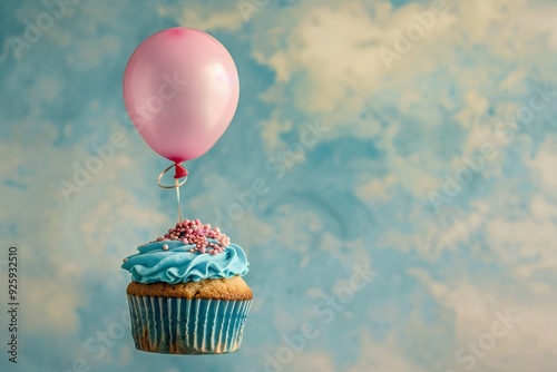 A blue frosting sprinkles cupcake tied to pink balloon floating flying on blue sky clouds rustic grunge background , created ai photo