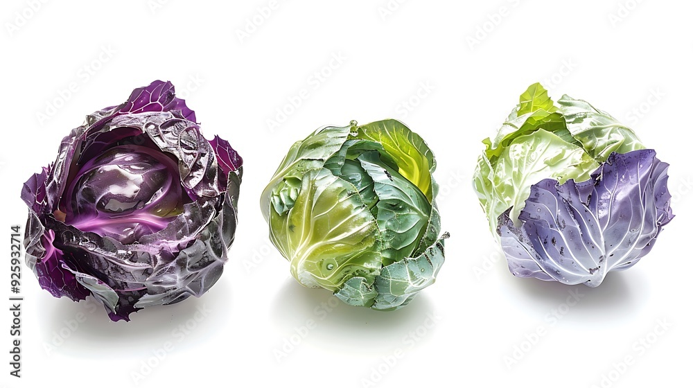 Obraz premium Winter cabbage heads, green and purple, isolated on a white background.