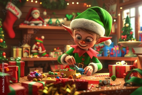Cheerful 3D render of an elf character dressed in green and red, making toys in Santa’s workshop, surrounded by colorful presents , created ai